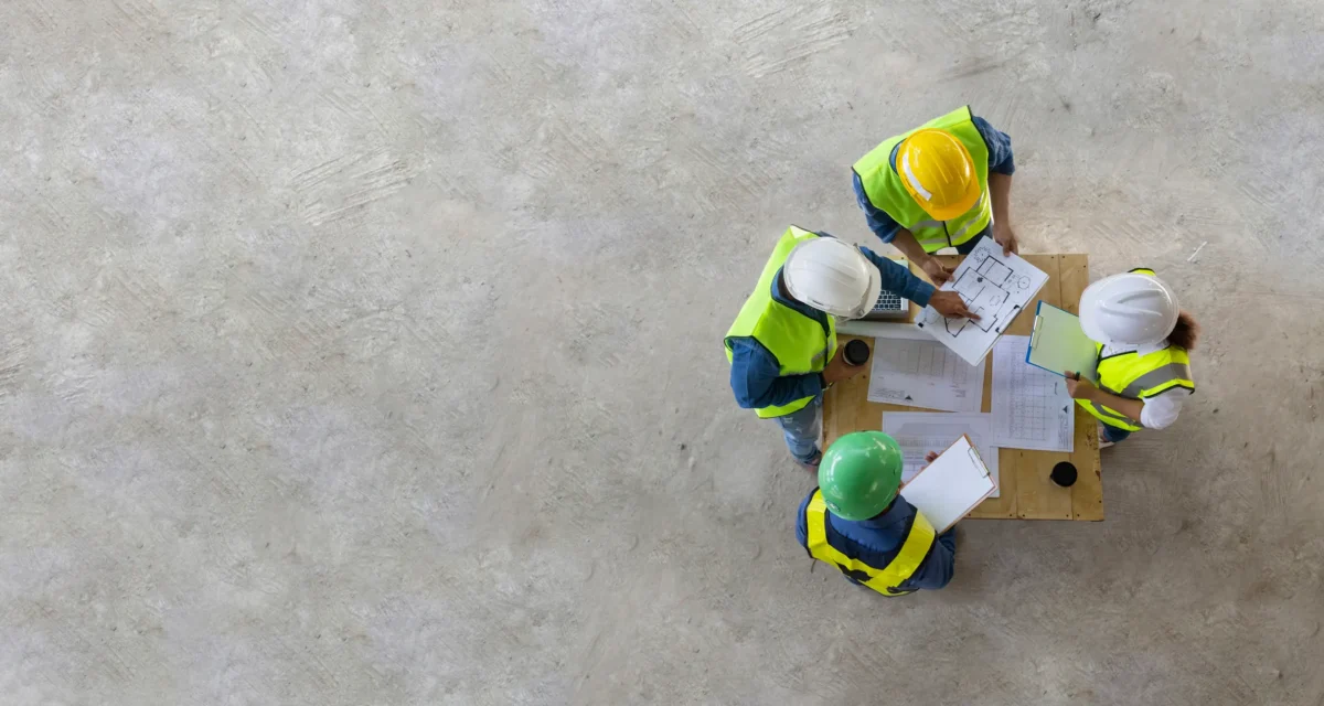 Top view of engineer, architect, contractor and foreman meeting at the construction building site with floor plan for real estate development project